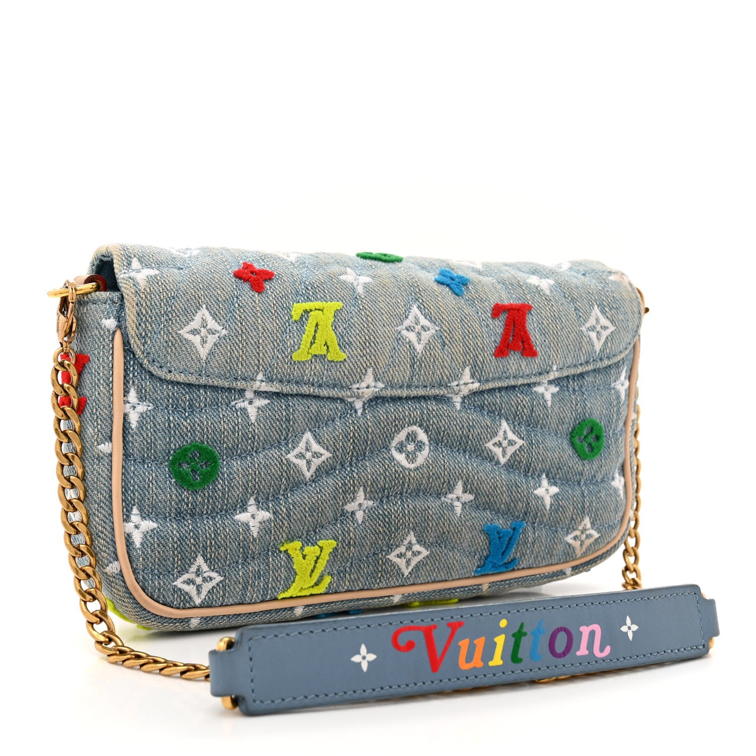 Louis Vuitton Embroidered Monogram Denim New Wave Chain Pochette Blue 3 of 10