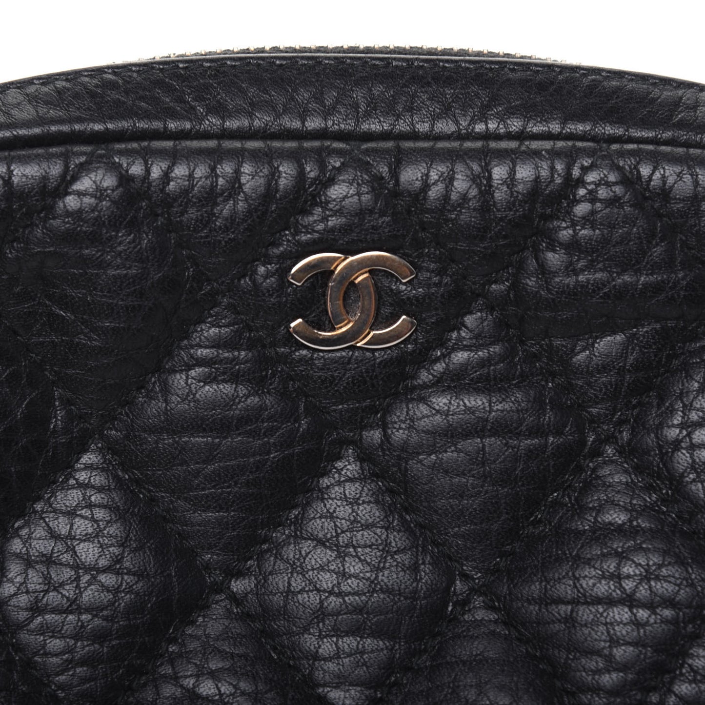 Calfskin Quilted Small Curvy Pouch Cosmetic Case Navy Blue
