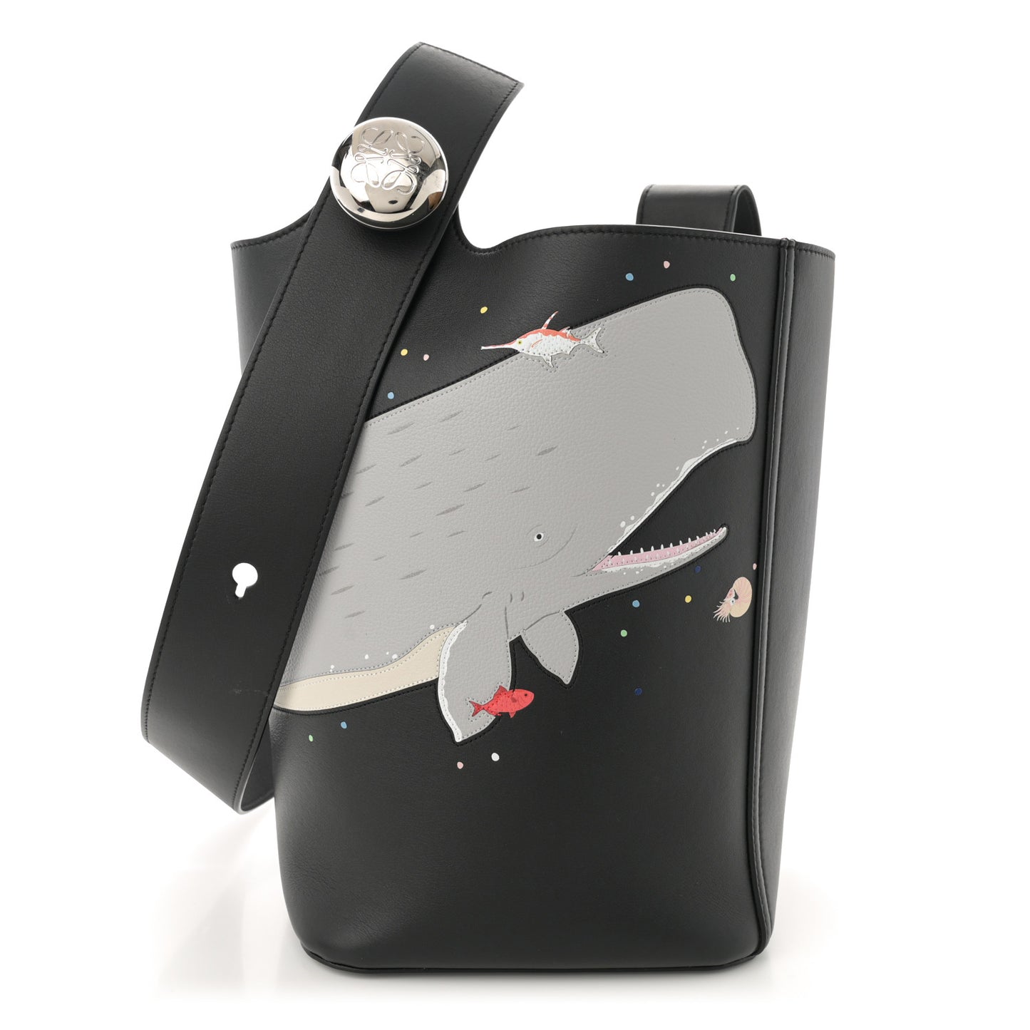 X SUNA FUJITA Smooth Calfskin Whale Medium Pebble Bucket Bag Black