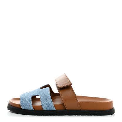 Hermes Denim Calfskin Womens Chypre Sandals 36 Bleu Clair Naturel 1 of 9