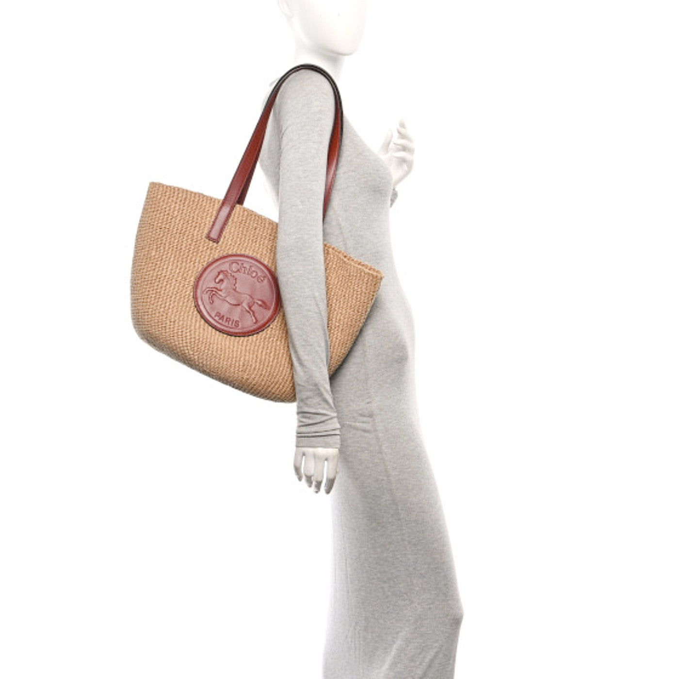 Raffia Calfskin Horse Medal Large Basket Tote Sepia Brown