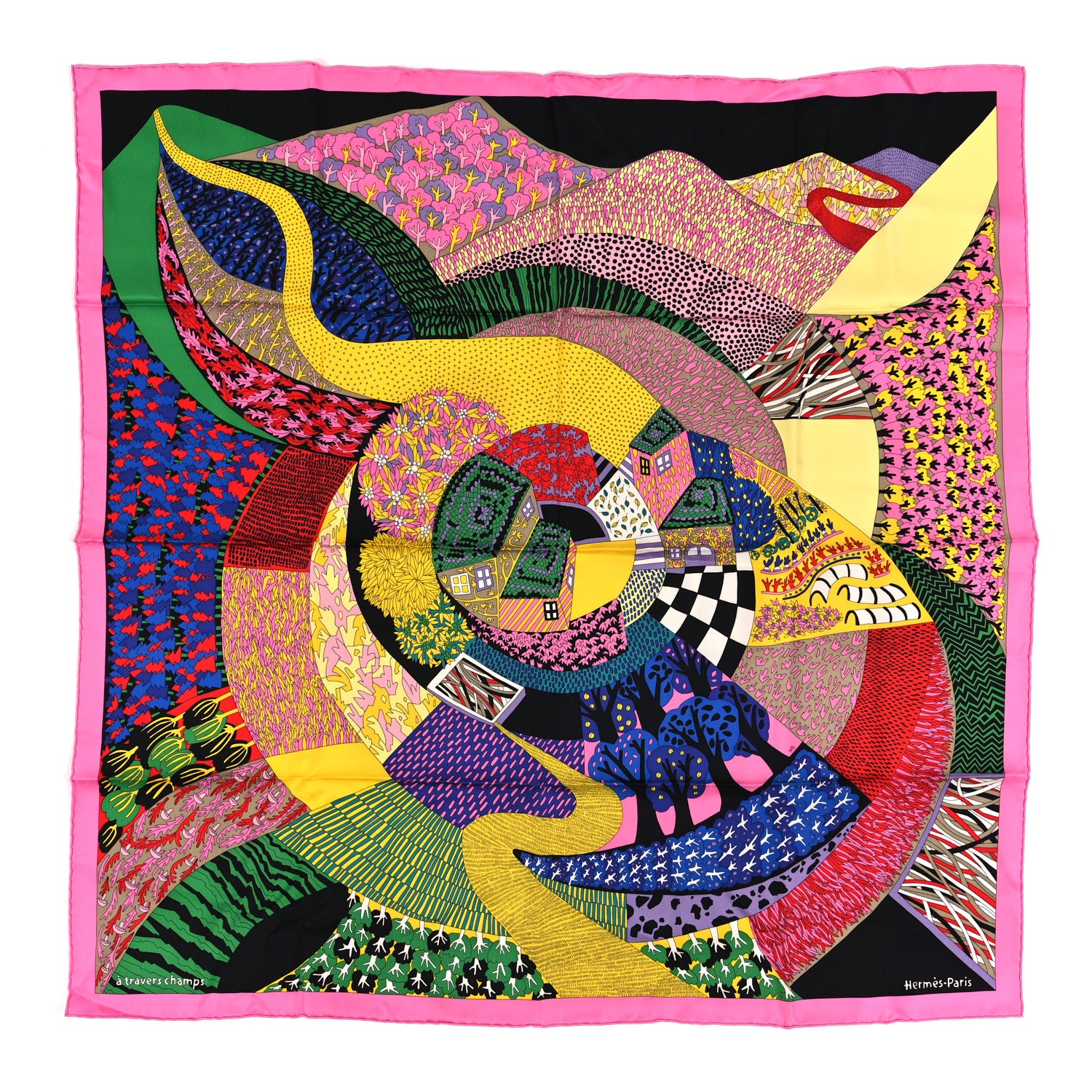 Hermes Silk A Travers Champs Scarf 90 Rose Vif Jaune Multicolor 1 of 3