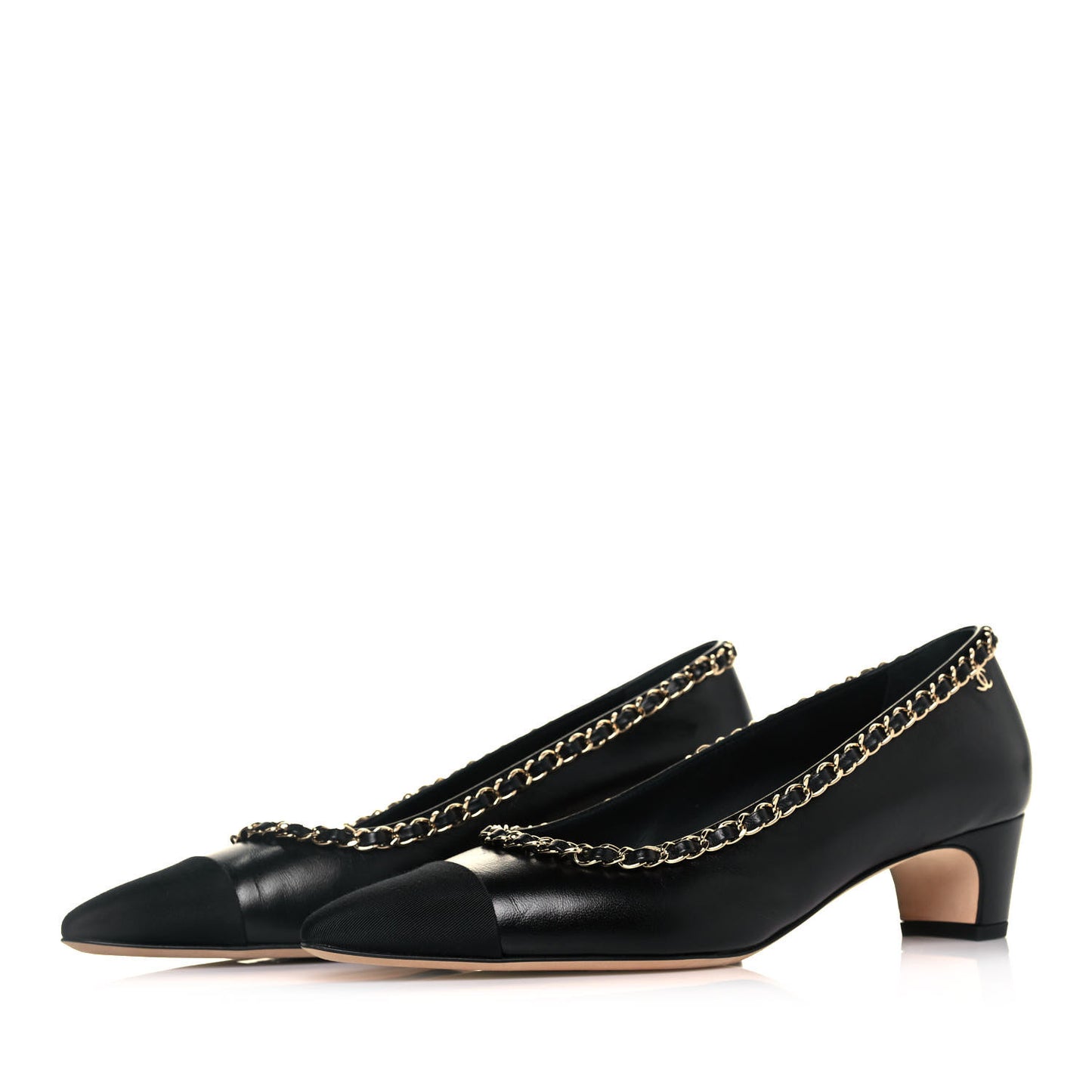 Lambskin Grosgrain Chain Cap Toe Pumps 39 Black