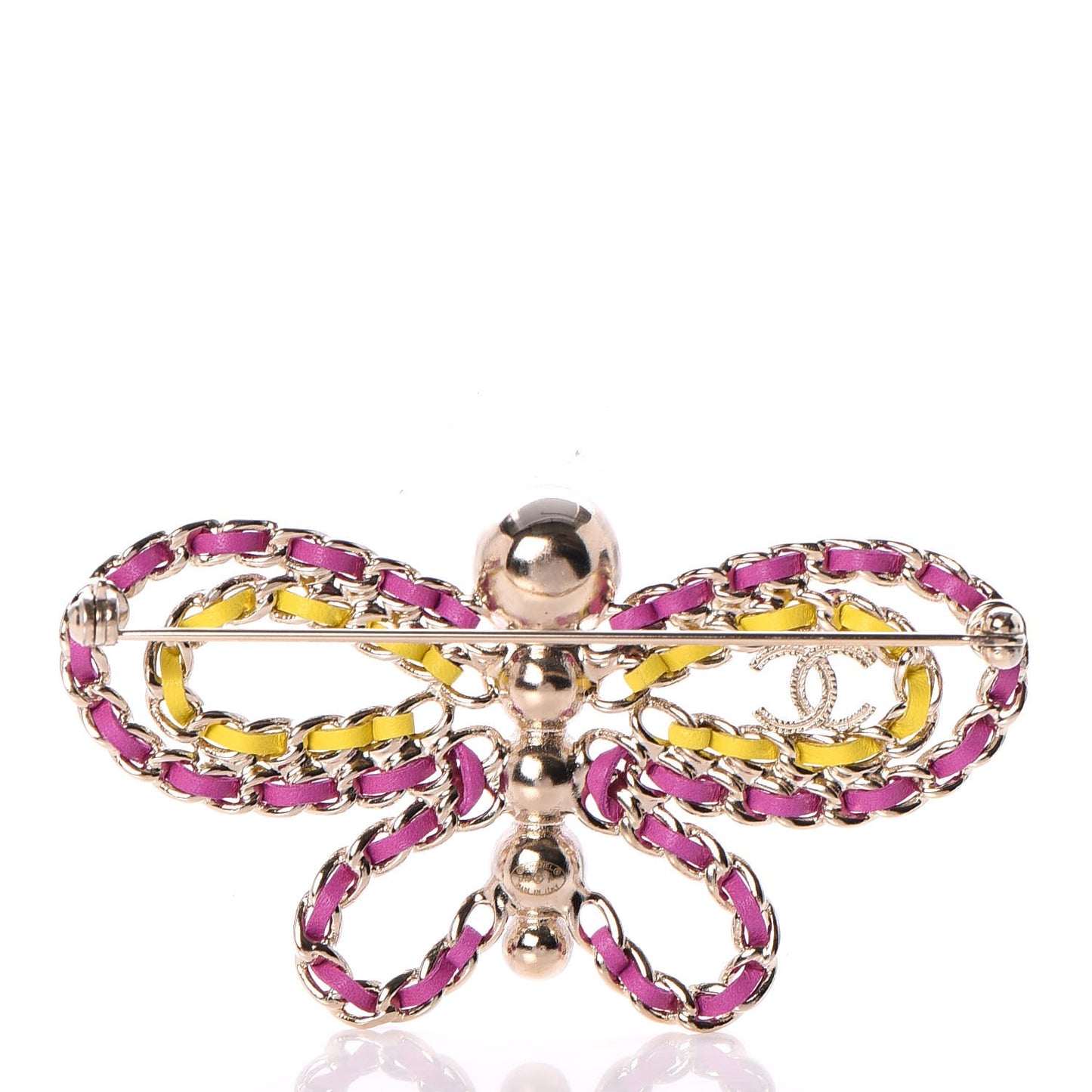 Lambskin Chain Pearl CC Butterfly Brooch Pink Yellow Gold
