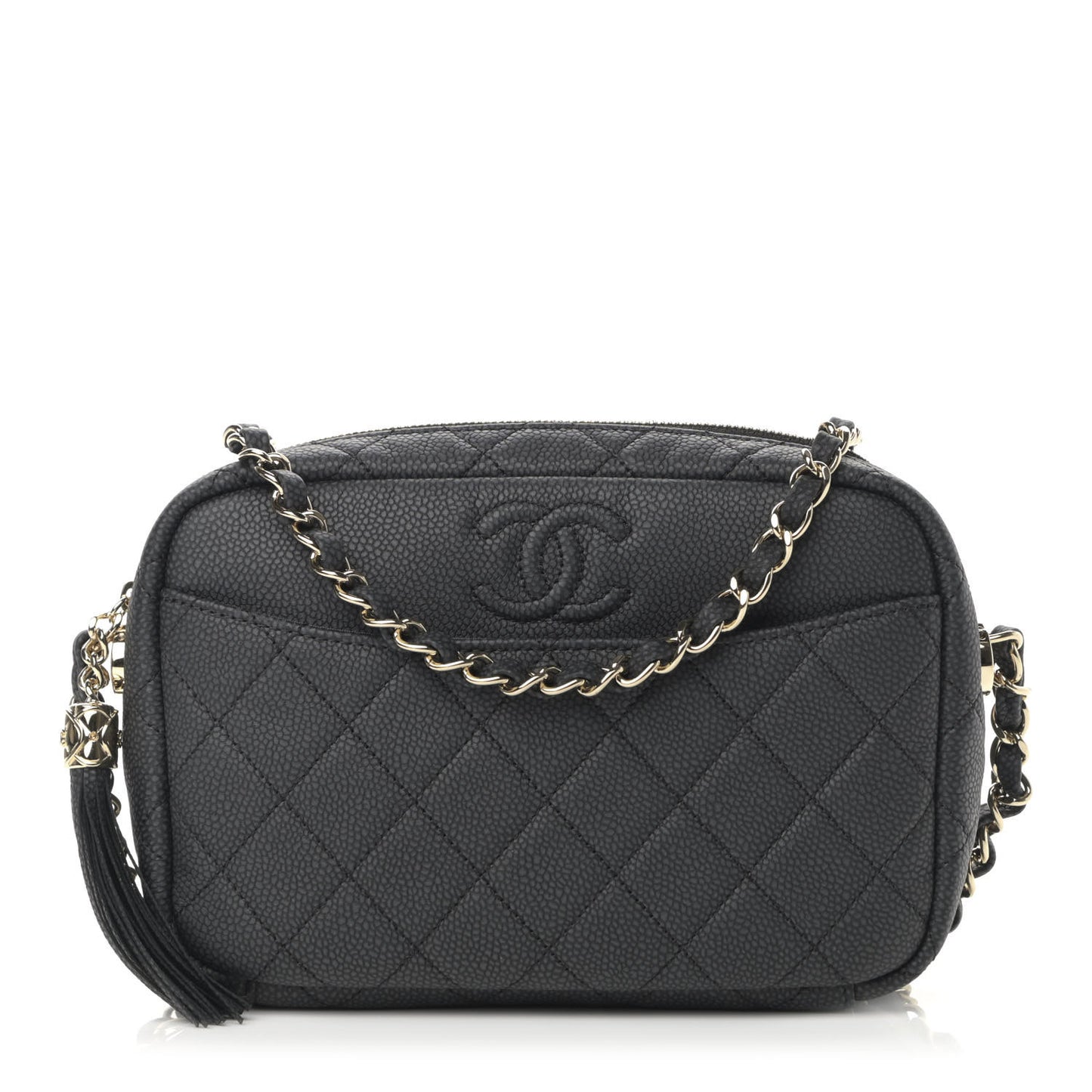 Iridescent Caviar Quilted Small Coco Tassel Camera Case Black
