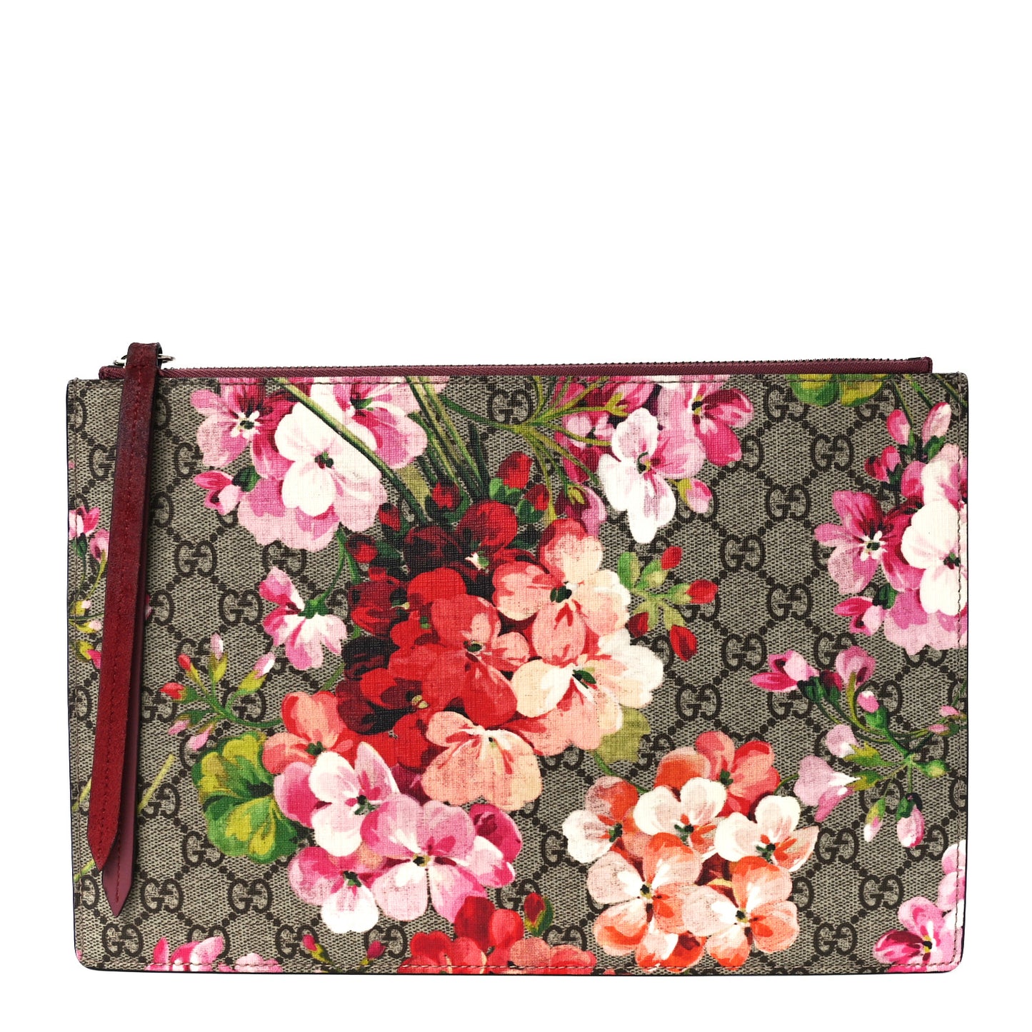GG Supreme Monogram Blooms Suede Large Zip Pouch Beige Multicolor Dry Rose