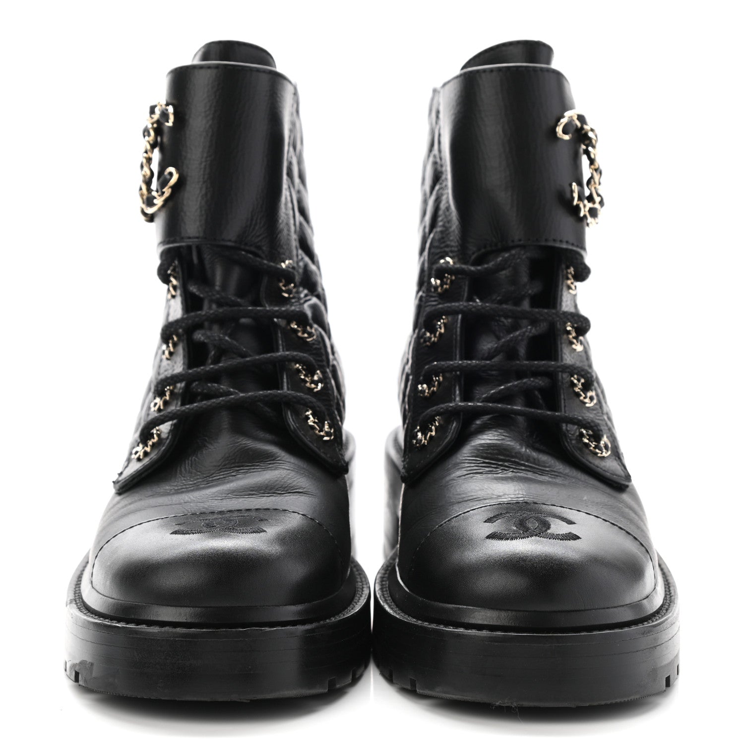 Chanel Shiny Goatskin Calfskin Quilted Lace Up Combat Boots 38 Black 2 of 14