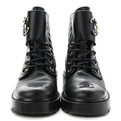 Chanel Shiny Goatskin Calfskin Quilted Lace Up Combat Boots 38 Black 2 of 14