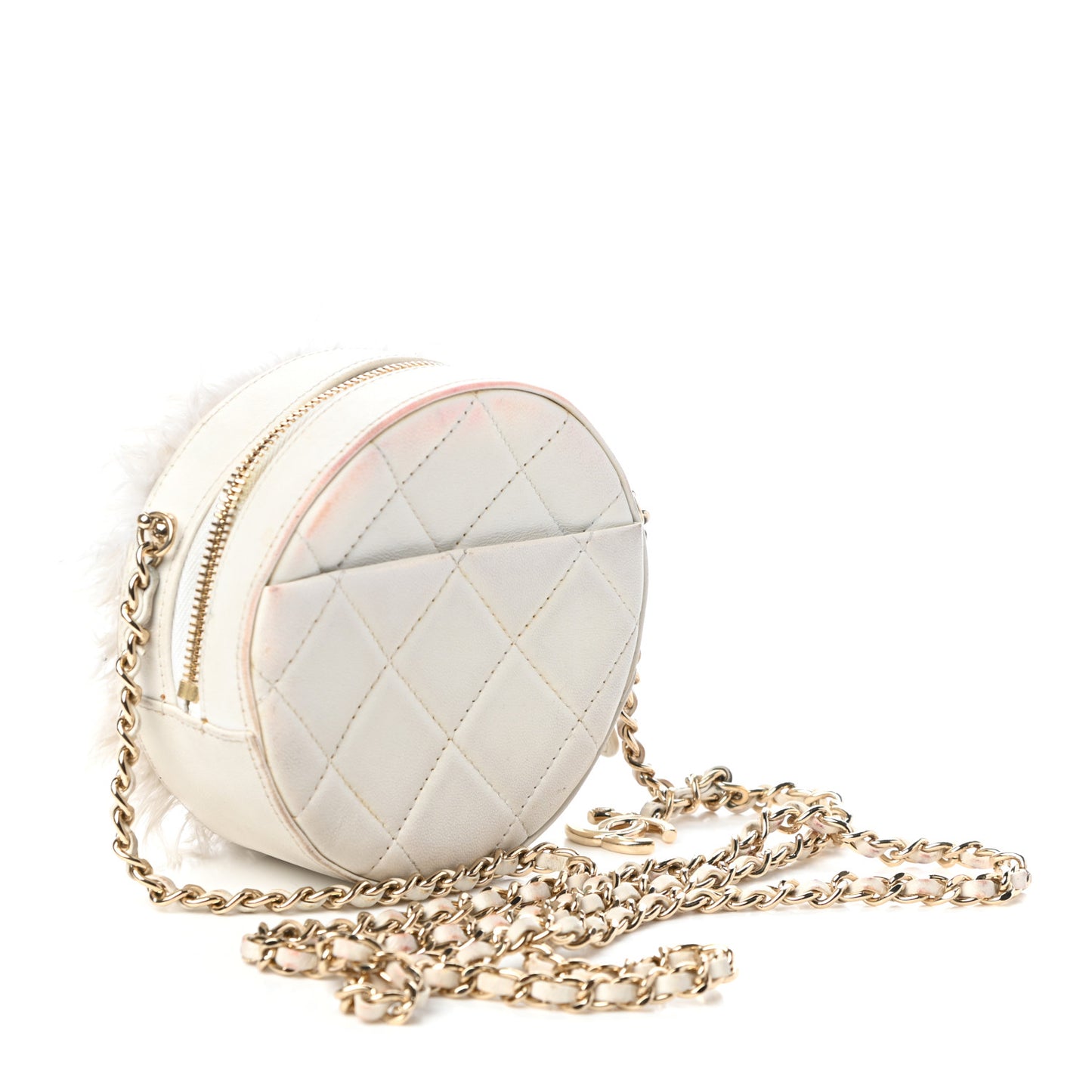 Lambskin Fur Quilted Round Clutch With Chain Ivory