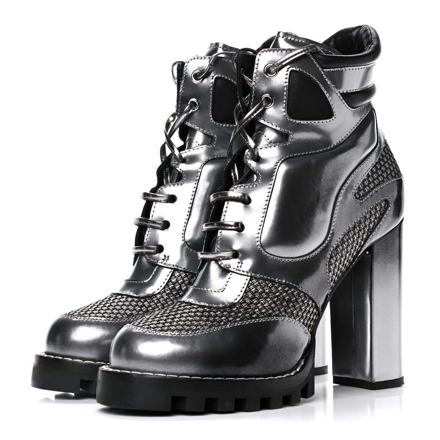 Metallic Calfskin Technical Fabric Digital Gate Ankle Boots 38 Silver