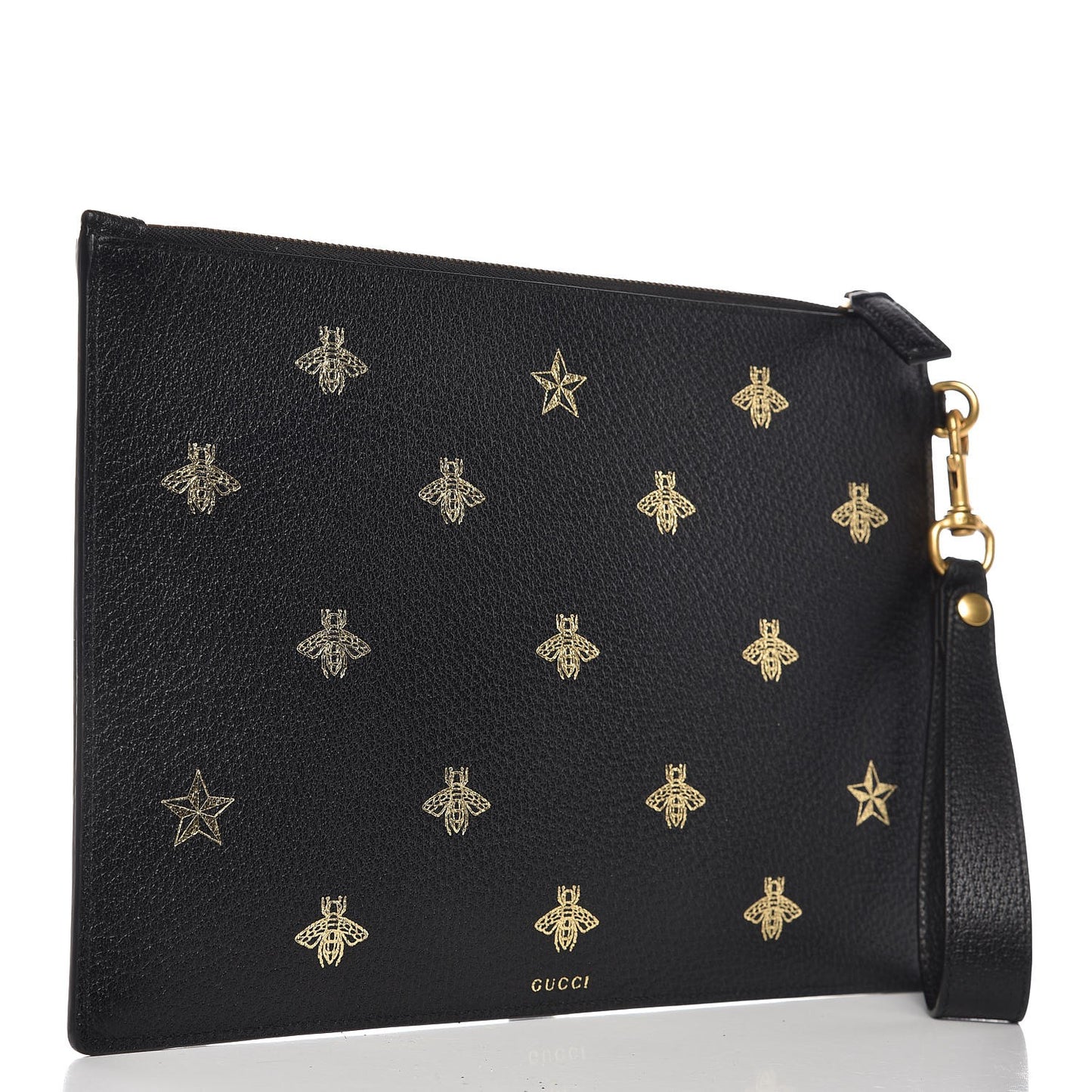 Dollar Calfskin Boar Effect Bee Star Zip Wristlet Pouch Black