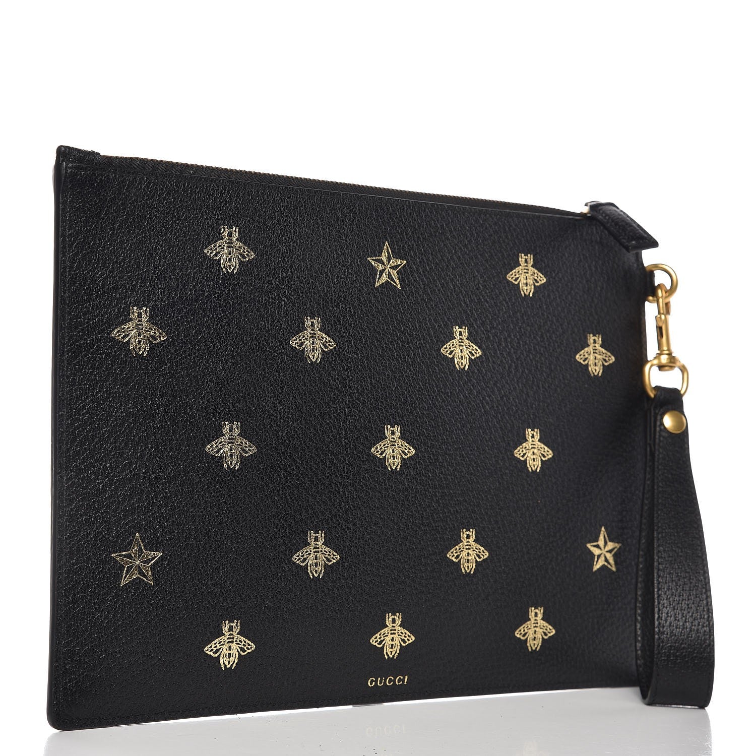 Gucci Dollar Calfskin Boar Effect Bee Star Zip Wristlet Pouch Black 3 of 7