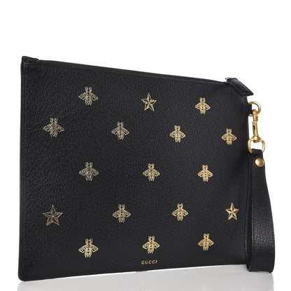 Gucci Dollar Calfskin Boar Effect Bee Star Zip Wristlet Pouch Black 3 of 7