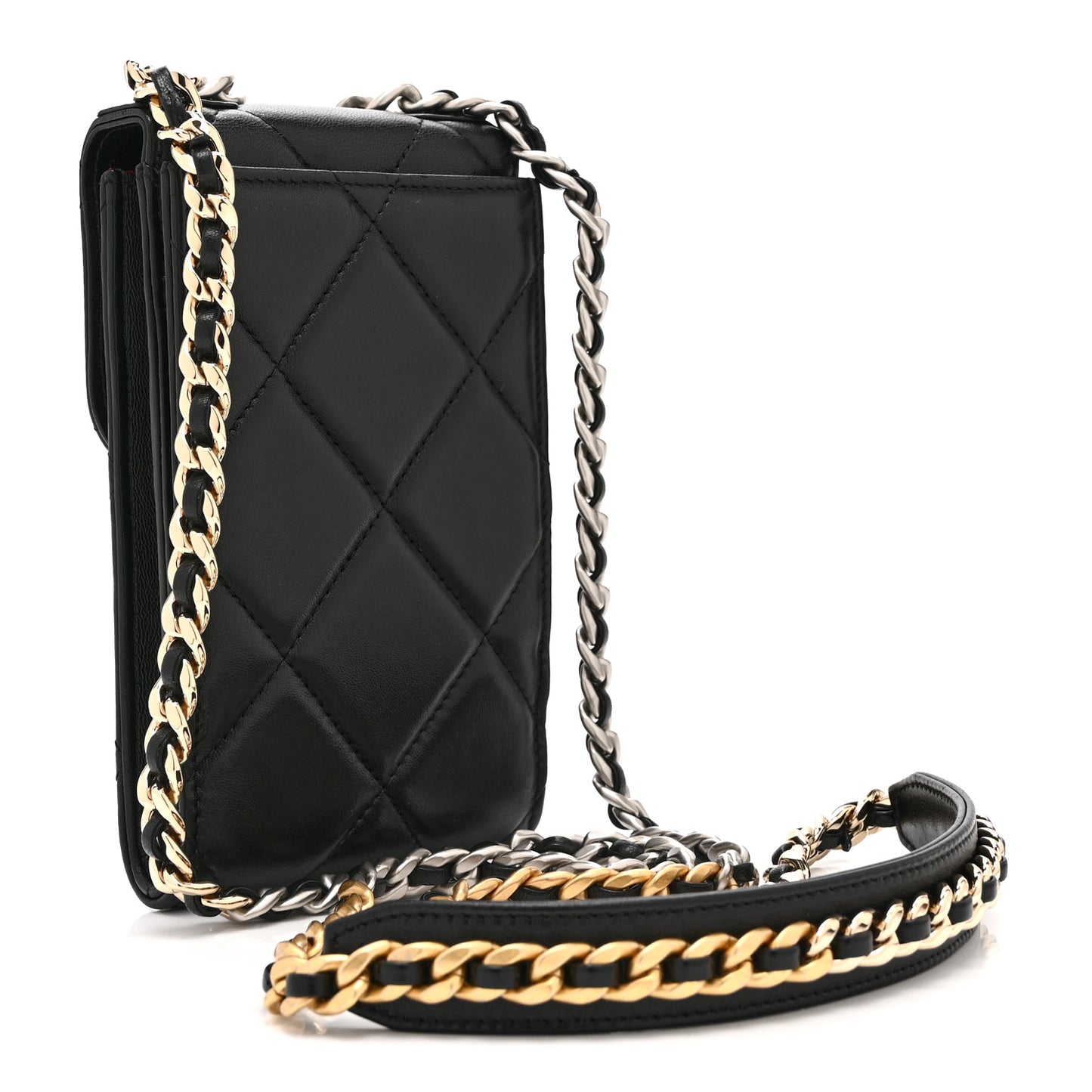 Lambskin Quilted Chanel 19 Phone Holder With Chain Black