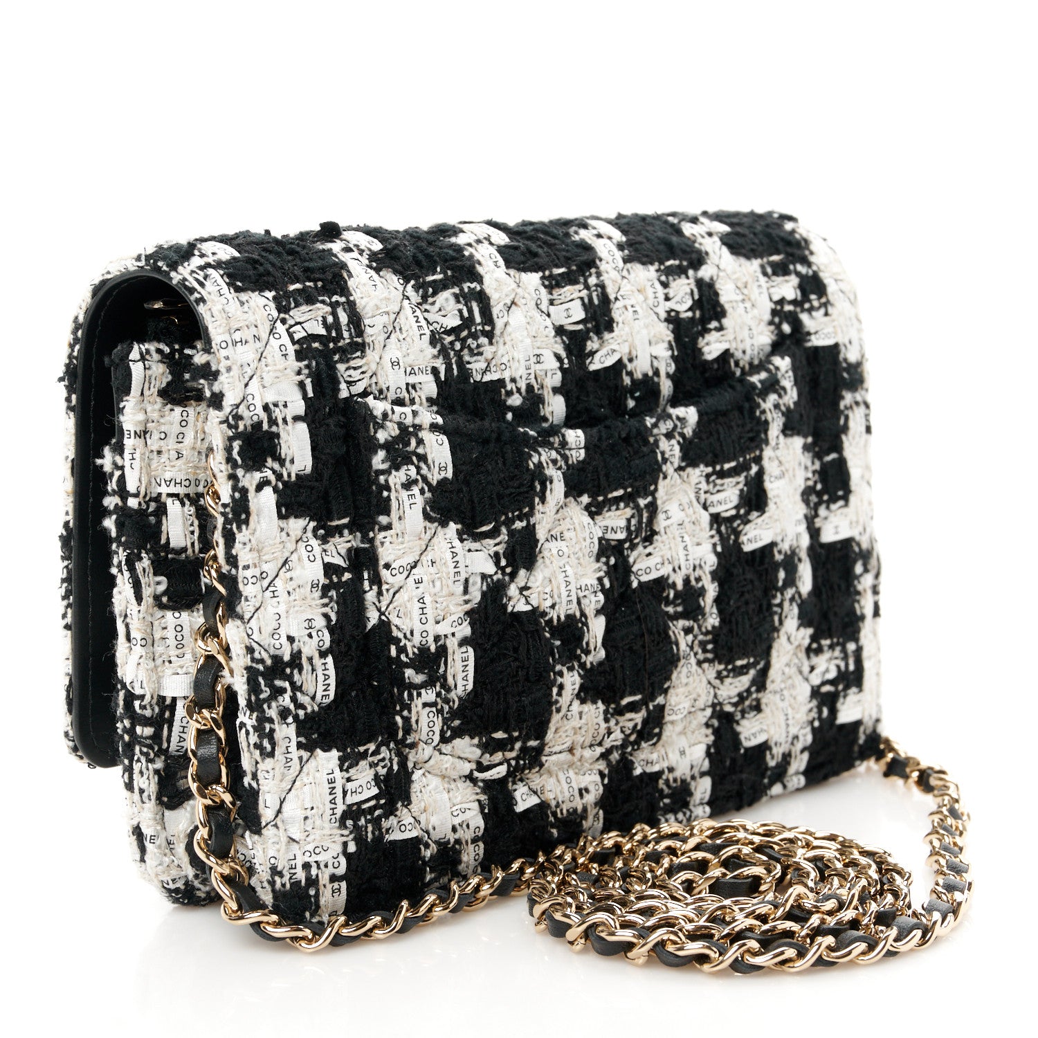 Chanel Tweed Quilted Wallet On Chain WOC Black Ecru White 3 of 12