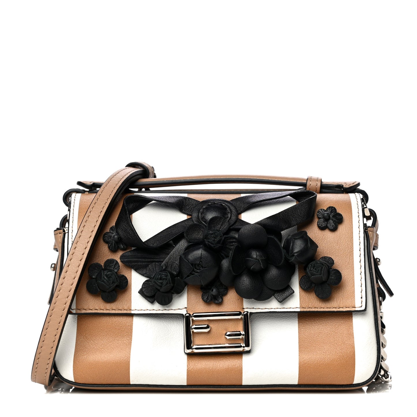 Calfskin Striped Flowerland Bow Micro Double Baguette Brown Black White
