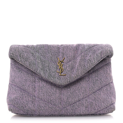 Saint Laurent Denim Quilted Loulou Puffer Monogram Pouch Clutch Bleached Lilac 1 of 11