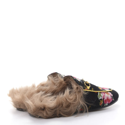 Gucci Velvet Fur Floral Womens Princetown Slippers 39 Black 4 of 9
