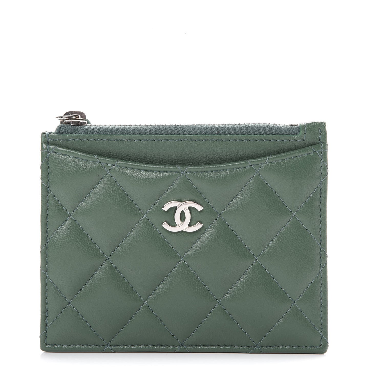 Lambskin Quilted Zip Card Holder Green