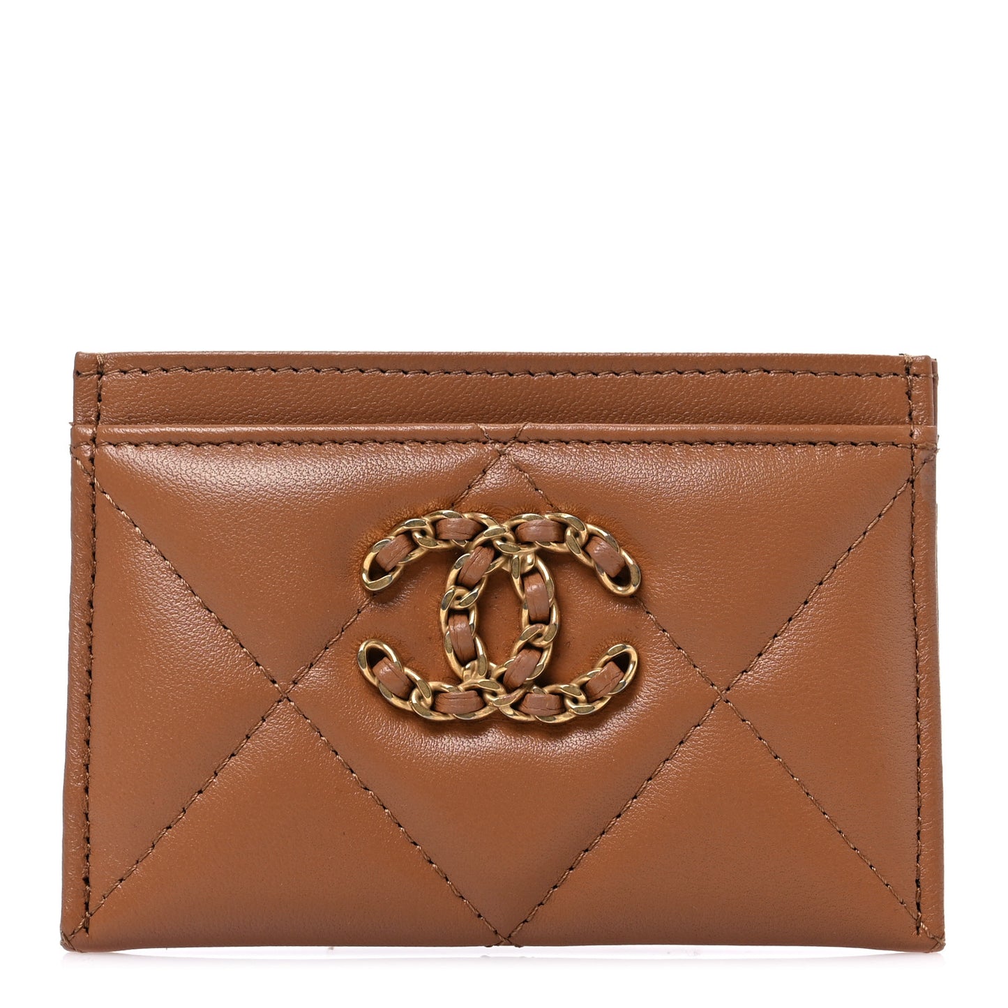 Lambskin Quilted Chanel 19 Card Holder Brown