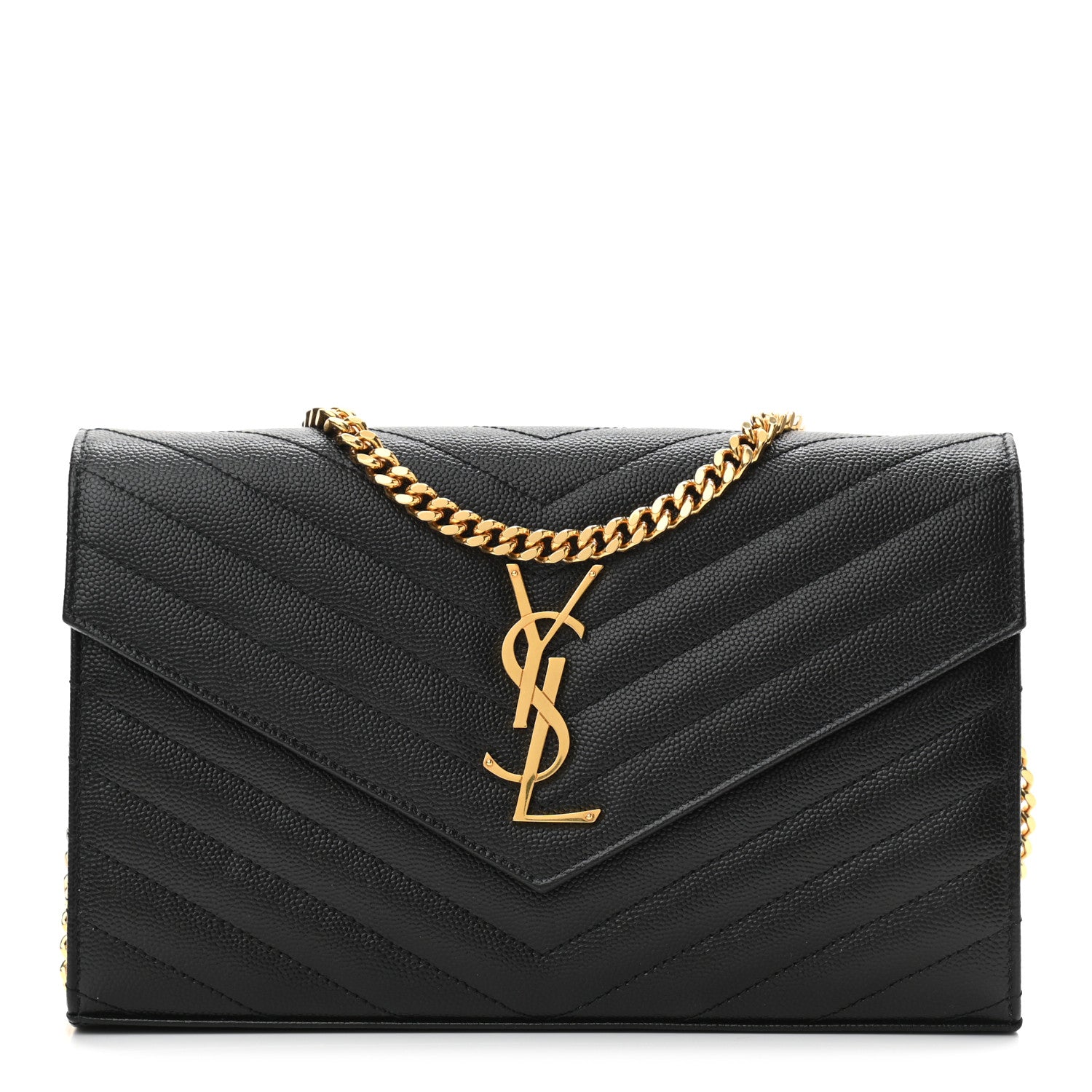 Saint Laurent Grain De Poudre Matelasse Chevron Monogram Chain Wallet Black 1 of 9