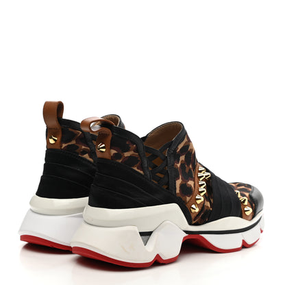 Christian Louboutin Calfskin Neoprene Leopard Studded Donna Flat Sneakers 35.5 Black Marron 4 of 10