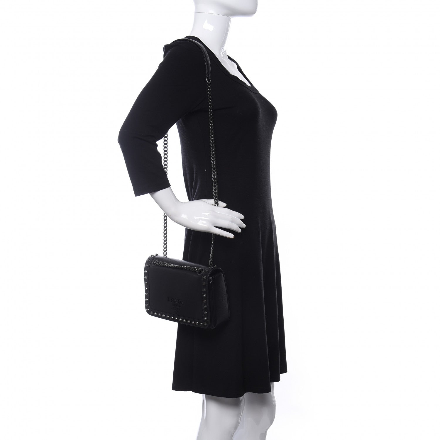 Prada Glace Calfskin Studded Crossbody Black 2 of 12