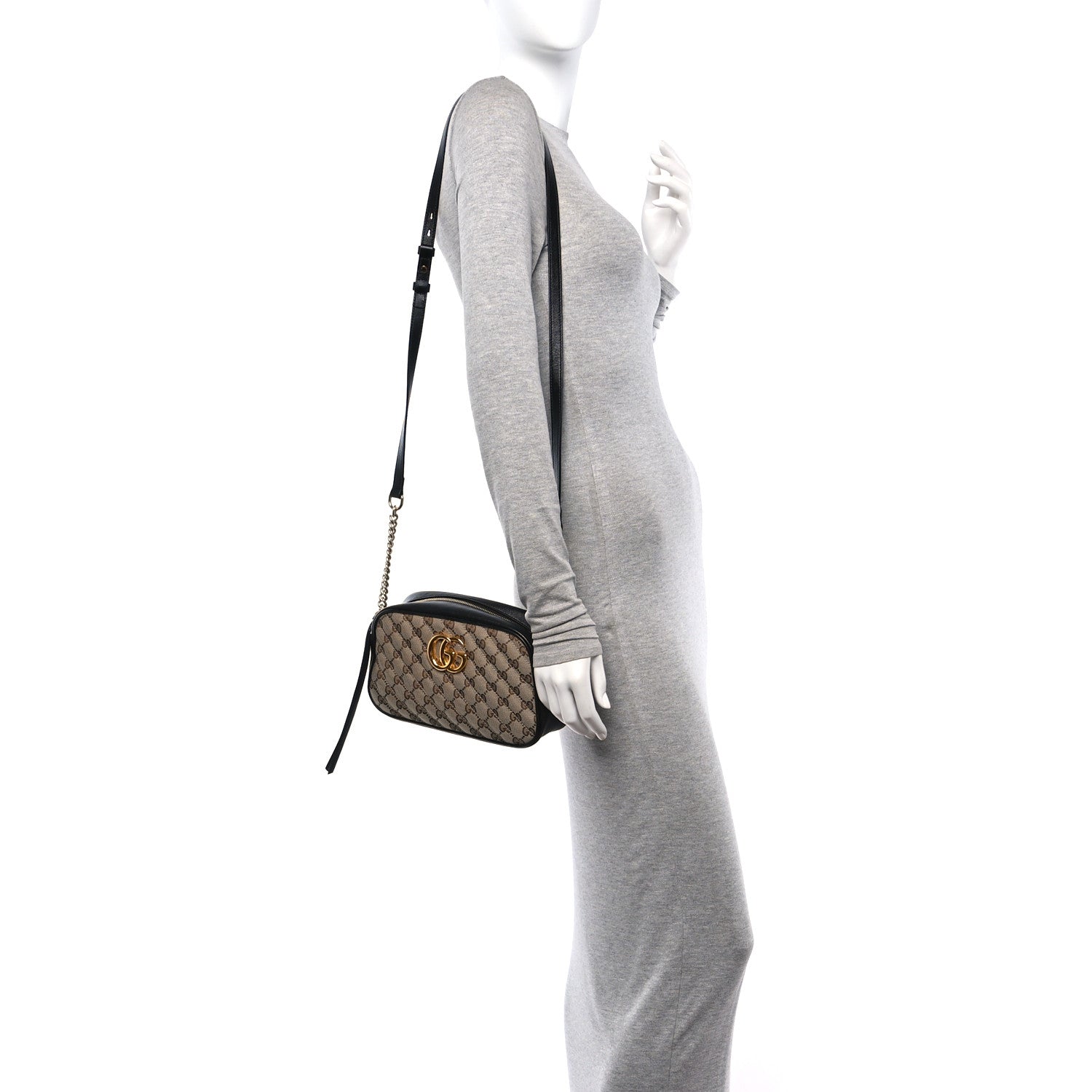 Gucci Monogram Matelasse Diagonal Small GG Marmont Chain Shoulder Bag Beige Black 2 of 10