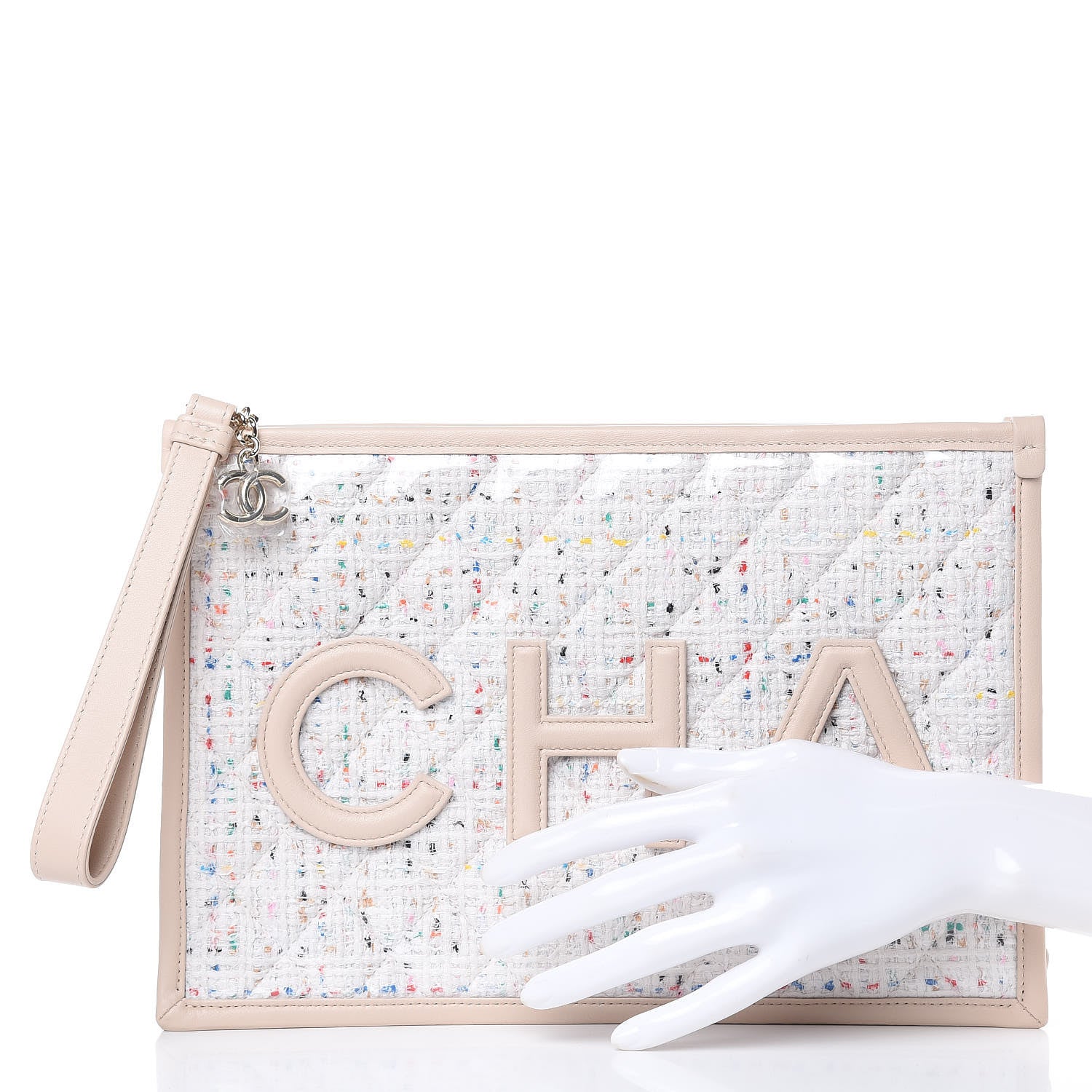 Chanel Tweed PVC Lambskin Wristlet Pouch Beige 2 of 9