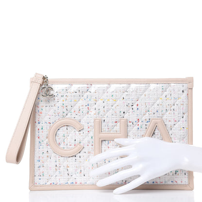 Chanel Tweed PVC Lambskin Wristlet Pouch Beige 2 of 9