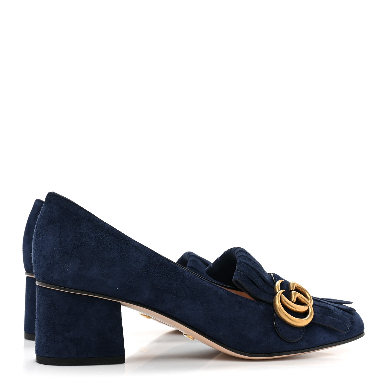 Gucci Kid Scamosciato GG Marmont Fringe 50mm Loafer Pumps 38.5 Blue Ink 4 of 9