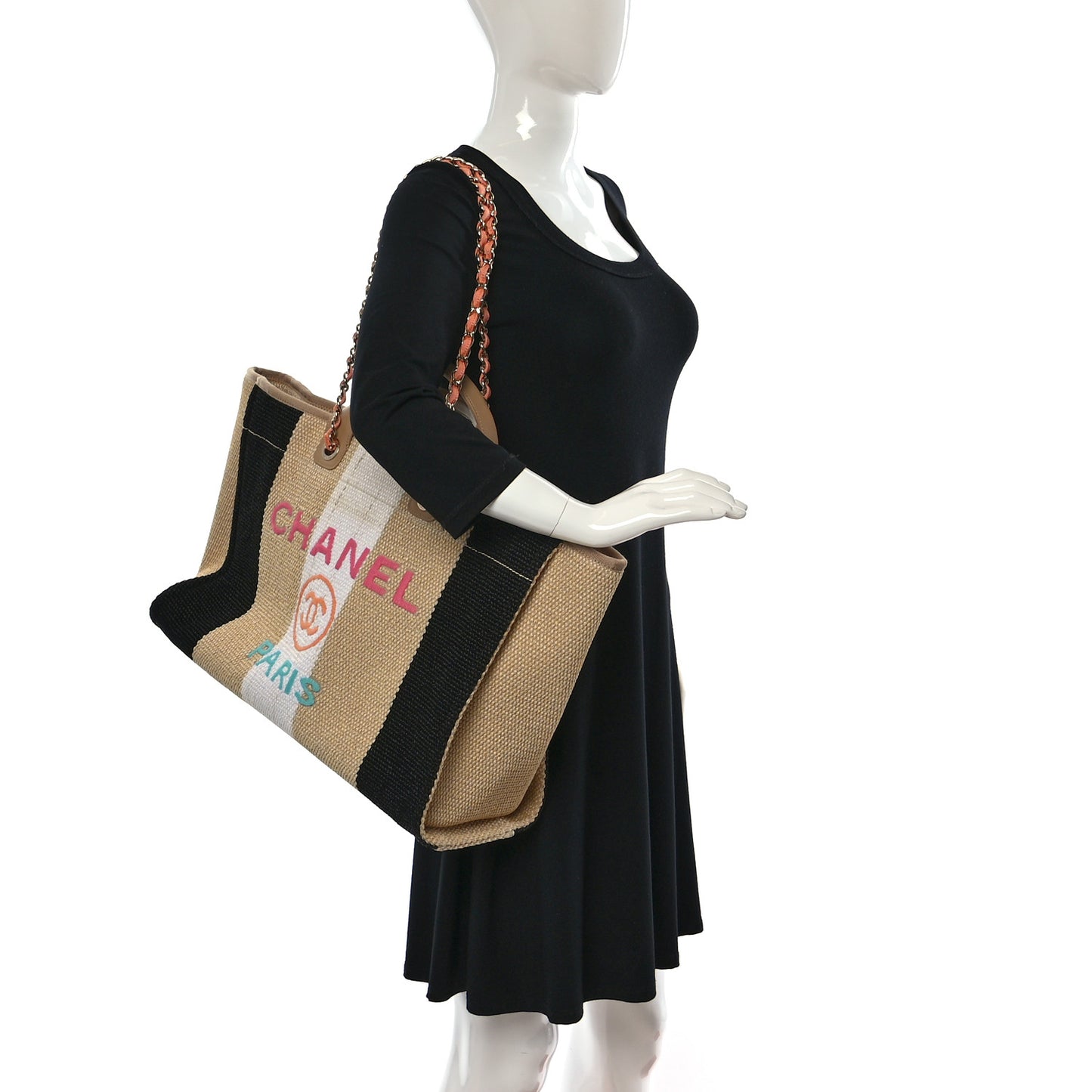 Straw Raffia Calfskin Striped Medium Deauville Tote Black Beige Ivory
