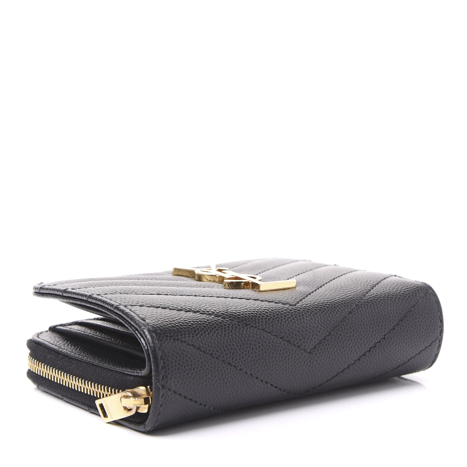 Saint Laurent Grain De Poudre Matelasse Chevron Monogram Compact Zip Around Wallet Black 3 of 11