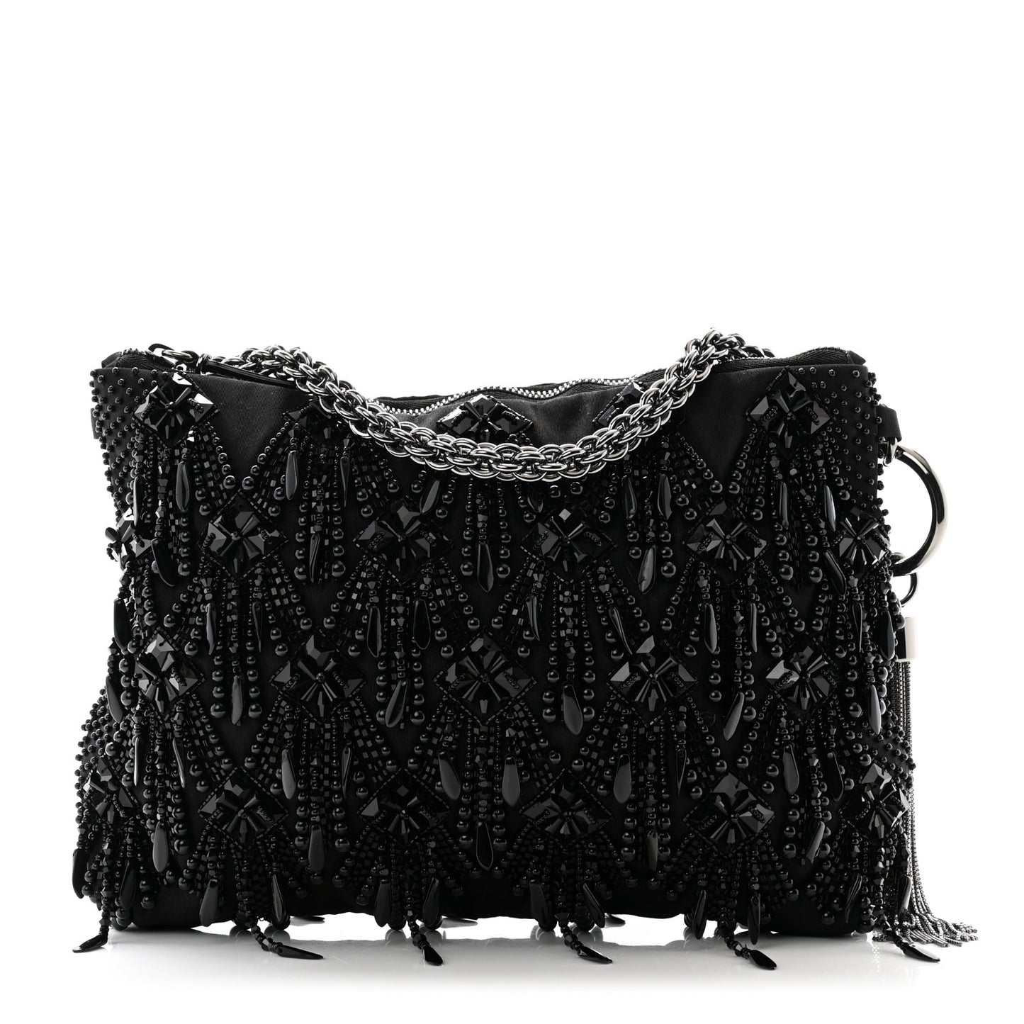 Satin Bead Embellished Callie Fringe Tassel Chain Evening Bag Black