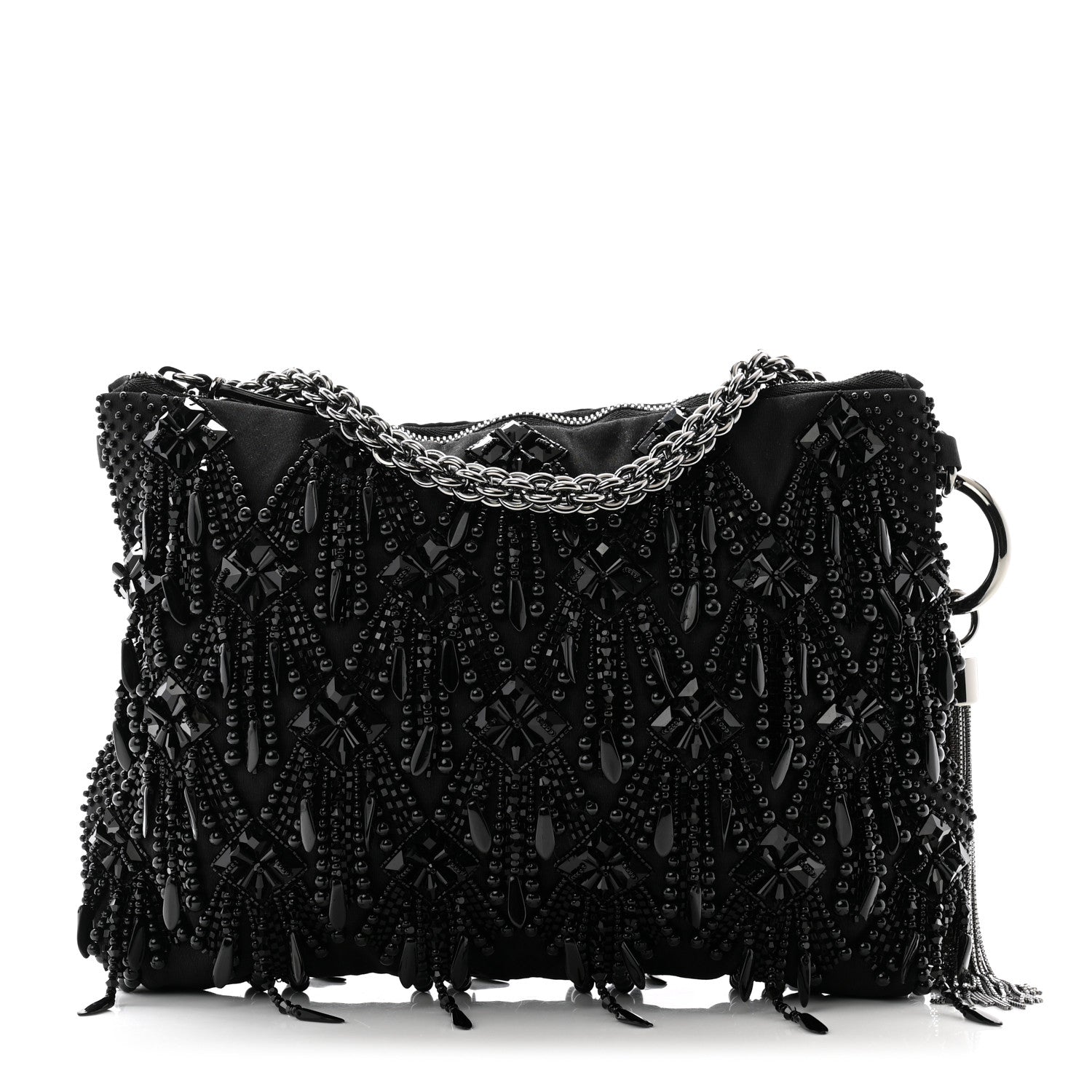 Jimmy Choo Satin Bead Embellished Callie Fringe Tassel Chain Evening Bag Black 1 of 10