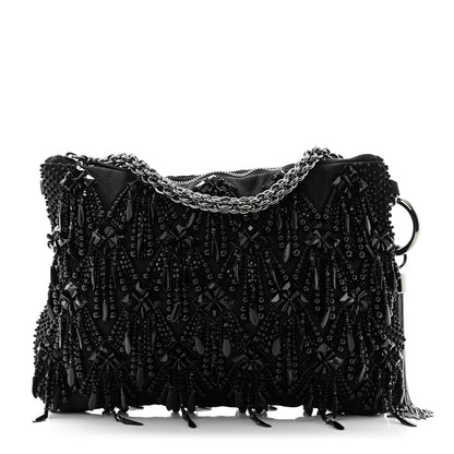 Jimmy Choo Satin Bead Embellished Callie Fringe Tassel Chain Evening Bag Black 1 of 10