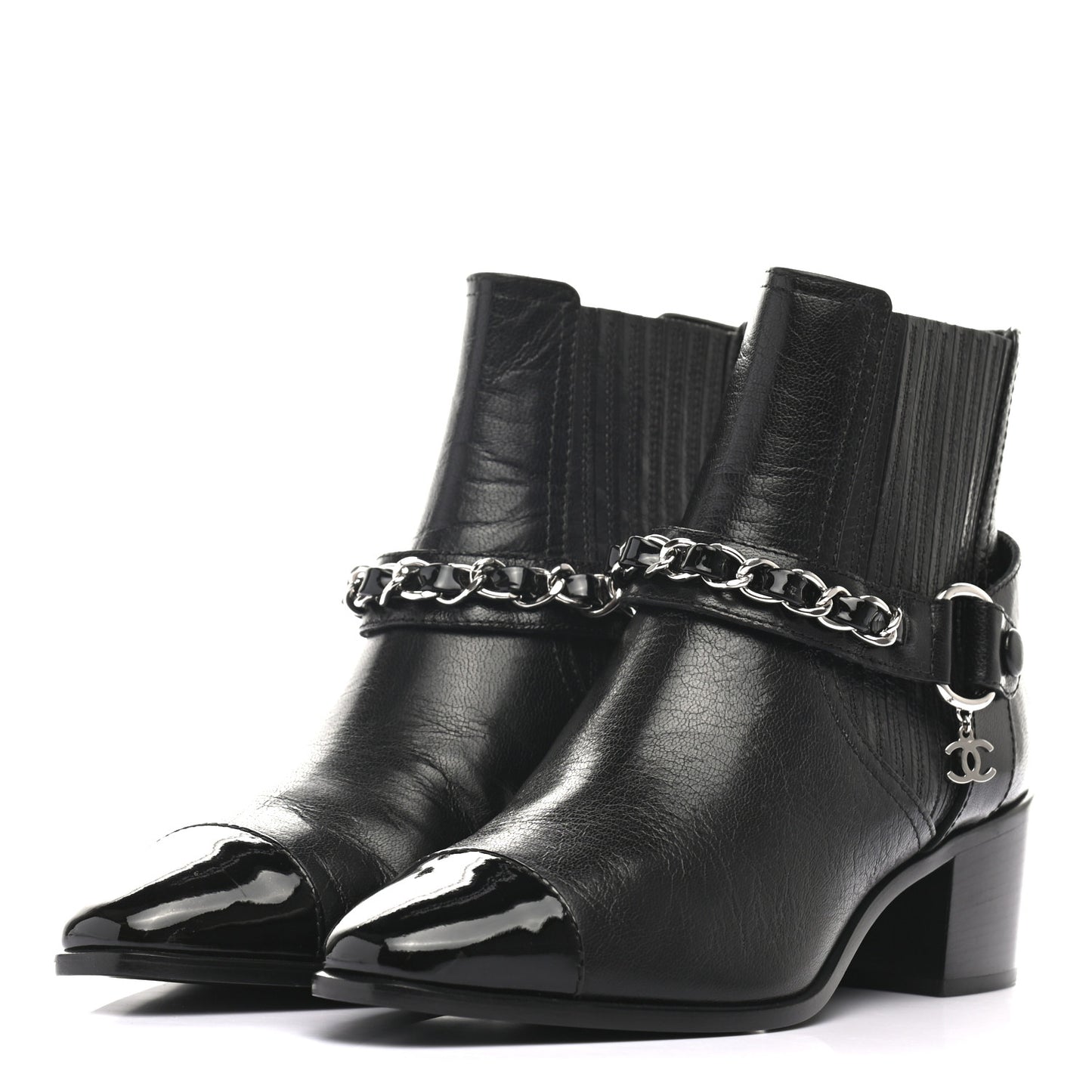 Goatskin Patent CC Cap Toe Chain Boots 36 Black