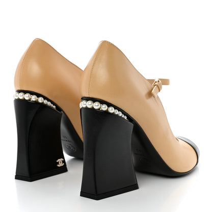 Chanel Shiny Goatskin Pearls Cap Toe Open Slingback Pumps 40 Beige Black 4 of 9