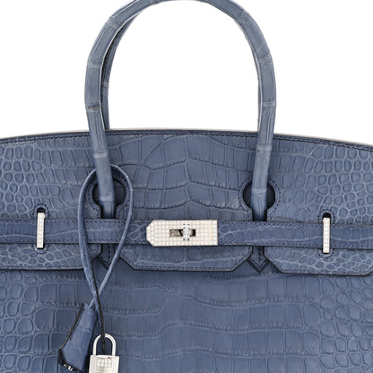 Hermes Matte Porosus Crocodile 18K White Gold Diamond Birkin 35 Bleu Brighton 8 of 26