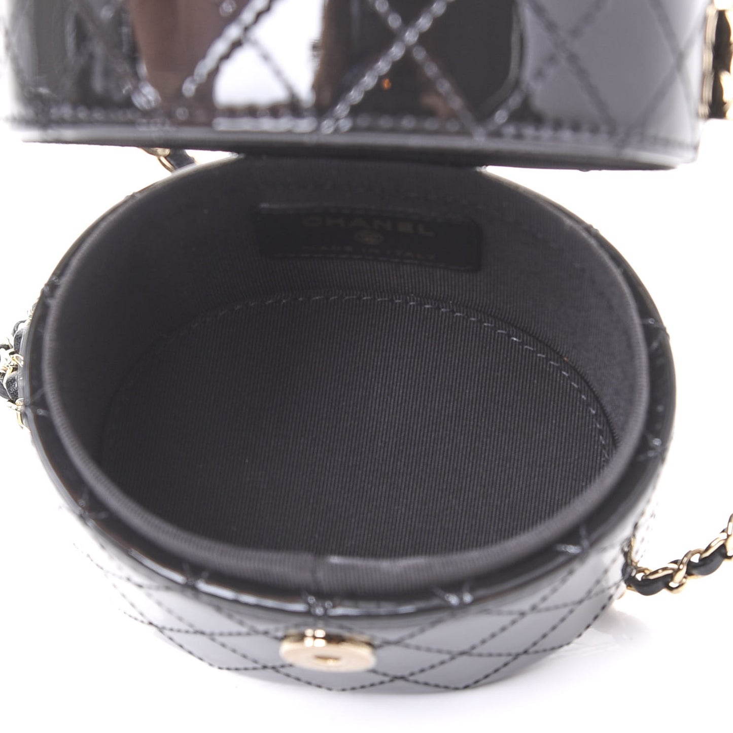 Patent Quilted Round Small Vanity With Chain Black