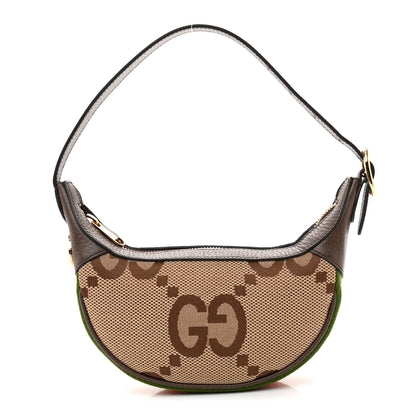 Gucci Monogram Jumbo GG Textured Dollar Calfskin Web Mini Ophidia Half Moon Hobo Camel Ebony New Acero 1 of 7