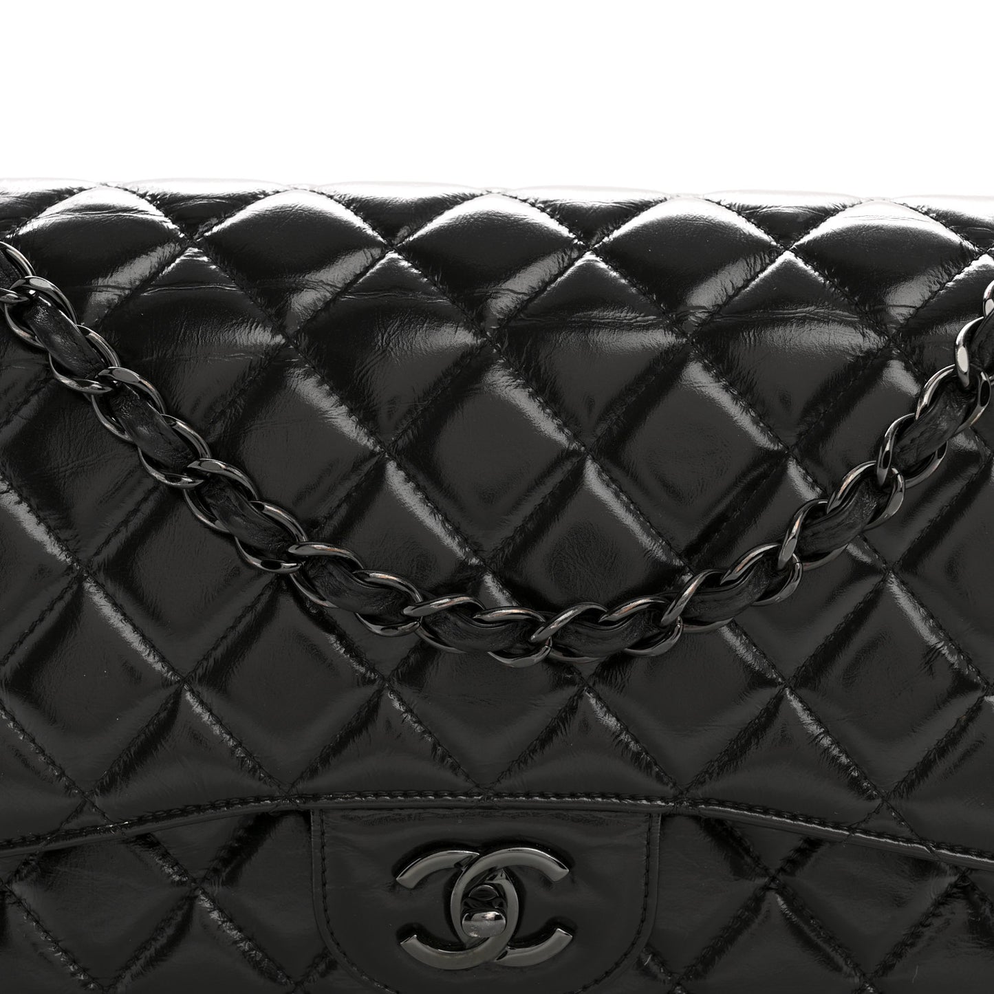 Shiny Crumpled Calfskin Quilted Jumbo Double Flap So Black