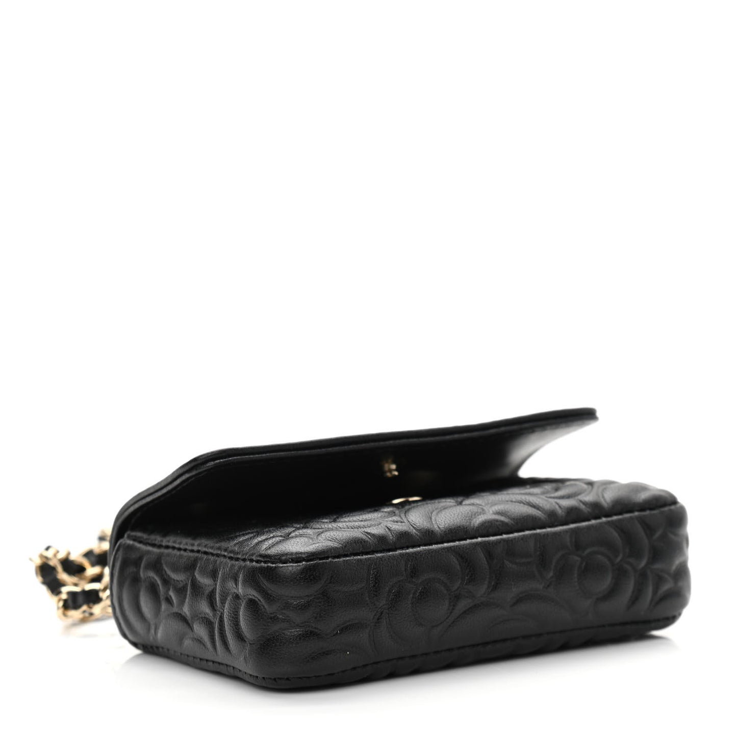 Lambskin Camellia Embossed Chain Belt Bag Black