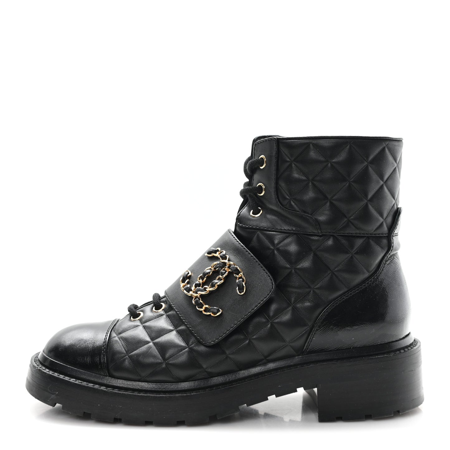 Shiny Calfskin Quilted Lace Up Combat Boots 38.5 Black