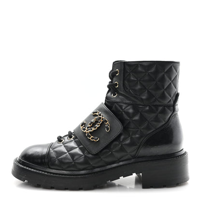 Chanel Shiny Calfskin Quilted Lace Up Combat Boots 38.5 Black 1 of 11