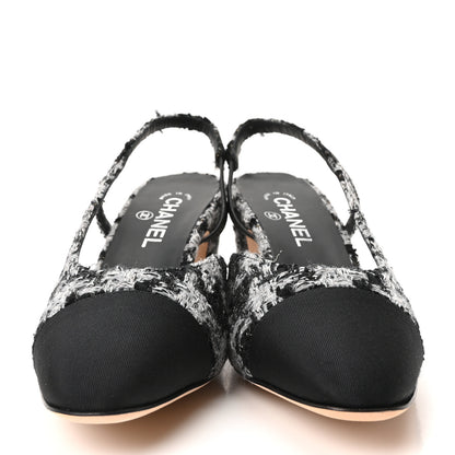 Chanel Tweed Grosgrain Cap Toe CC Slingback Pumps 41.5 Black Grey 3 of 10