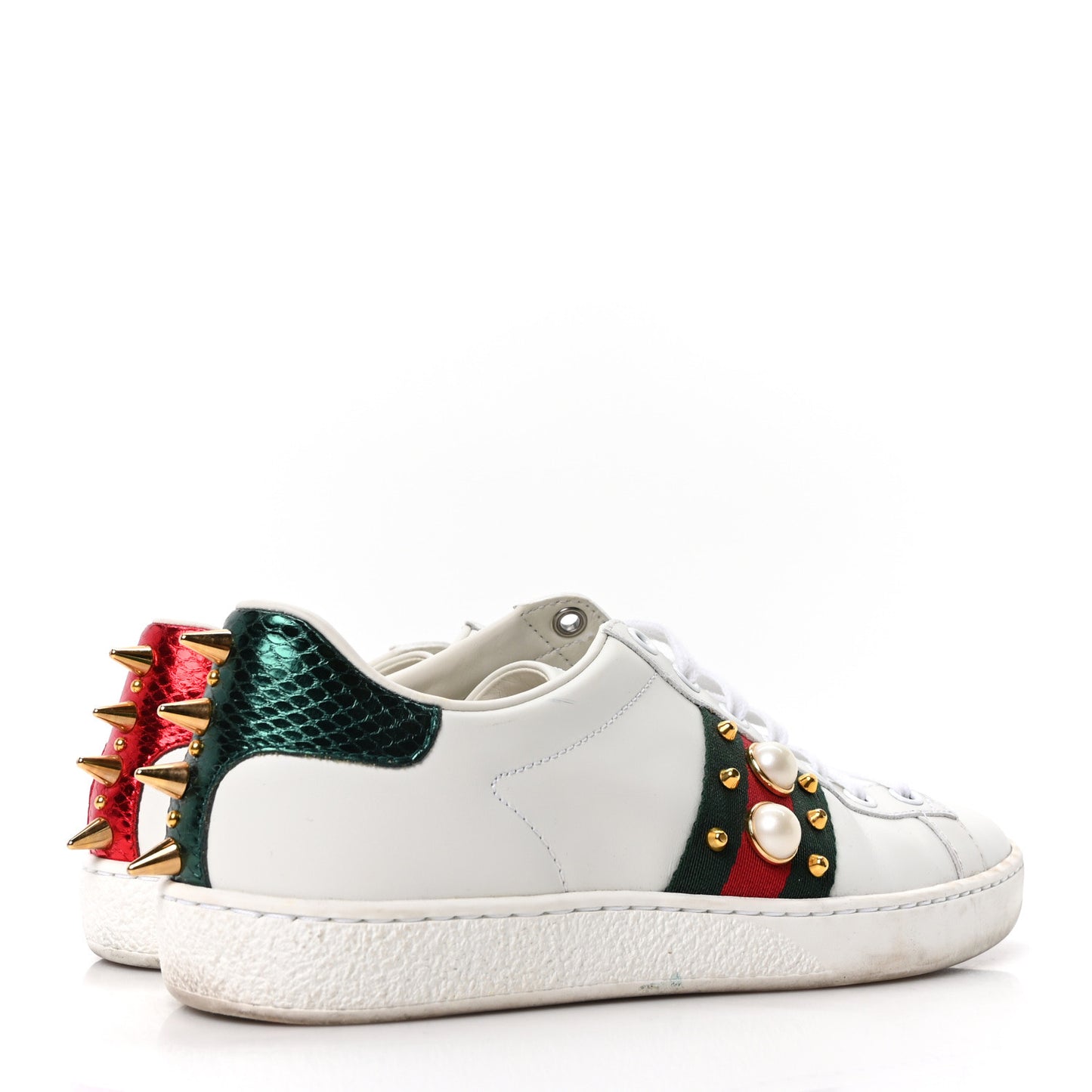 Calfskin Web Pearl Studded Womens Ace Sneakers 35.5 White
