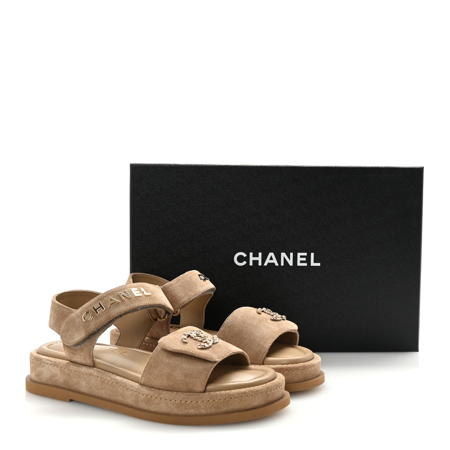 Suede Calfskin Velcro Dad Sandals 36 Beige