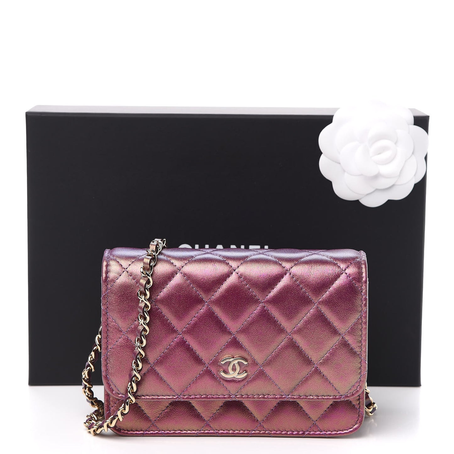Iridescent Lambskin Quilted Mini Wallet On Chain WOC Purple