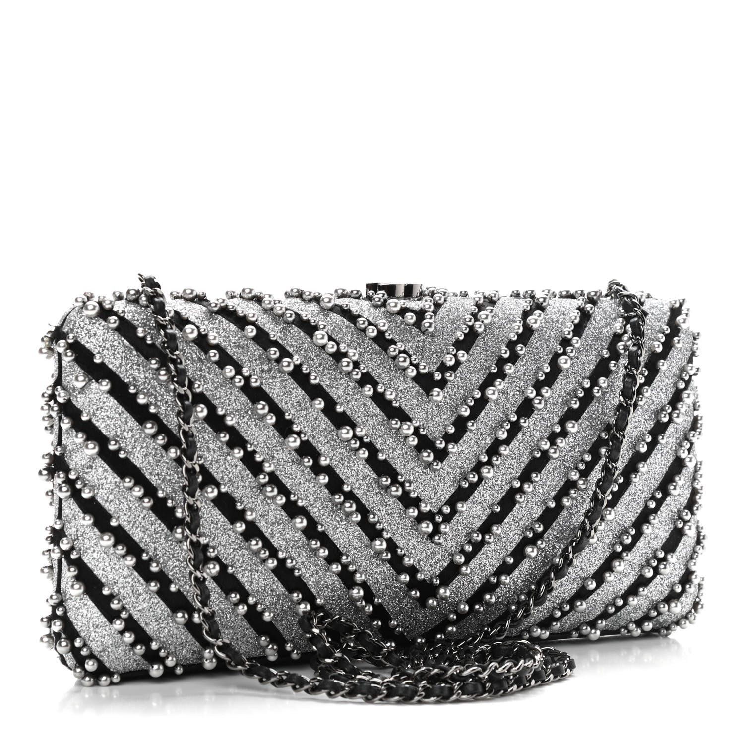 Chanel Mixed Fibers Pearl Evening Clutch Silver Black 3 of 11
